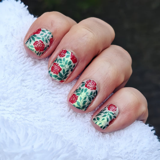 Enchanted Garden Medium Square Red & Green Floral Patterned Press On Nail Set with Glossy Finish
