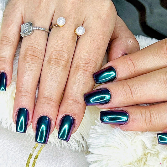Mystic Mermaid Medium Length Square Teal Press On Nails with Iridescent Shine Finish