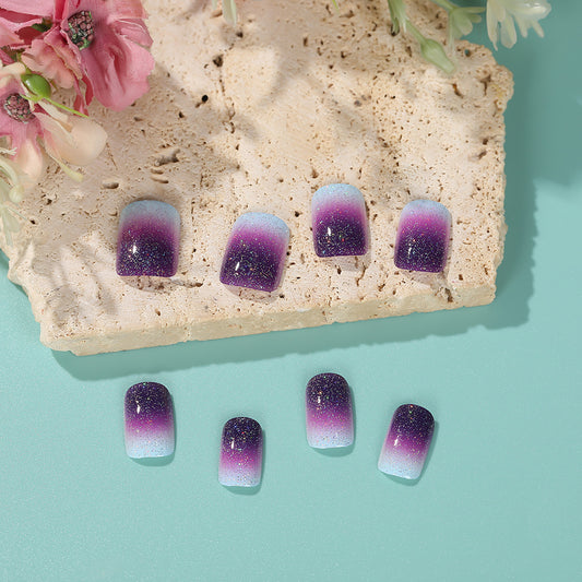 Glamorous Galaxy Gradient Press-On Nail Set in Short Length Square Shape Stunning Purple and Blue Ombre with Sparkle Finish