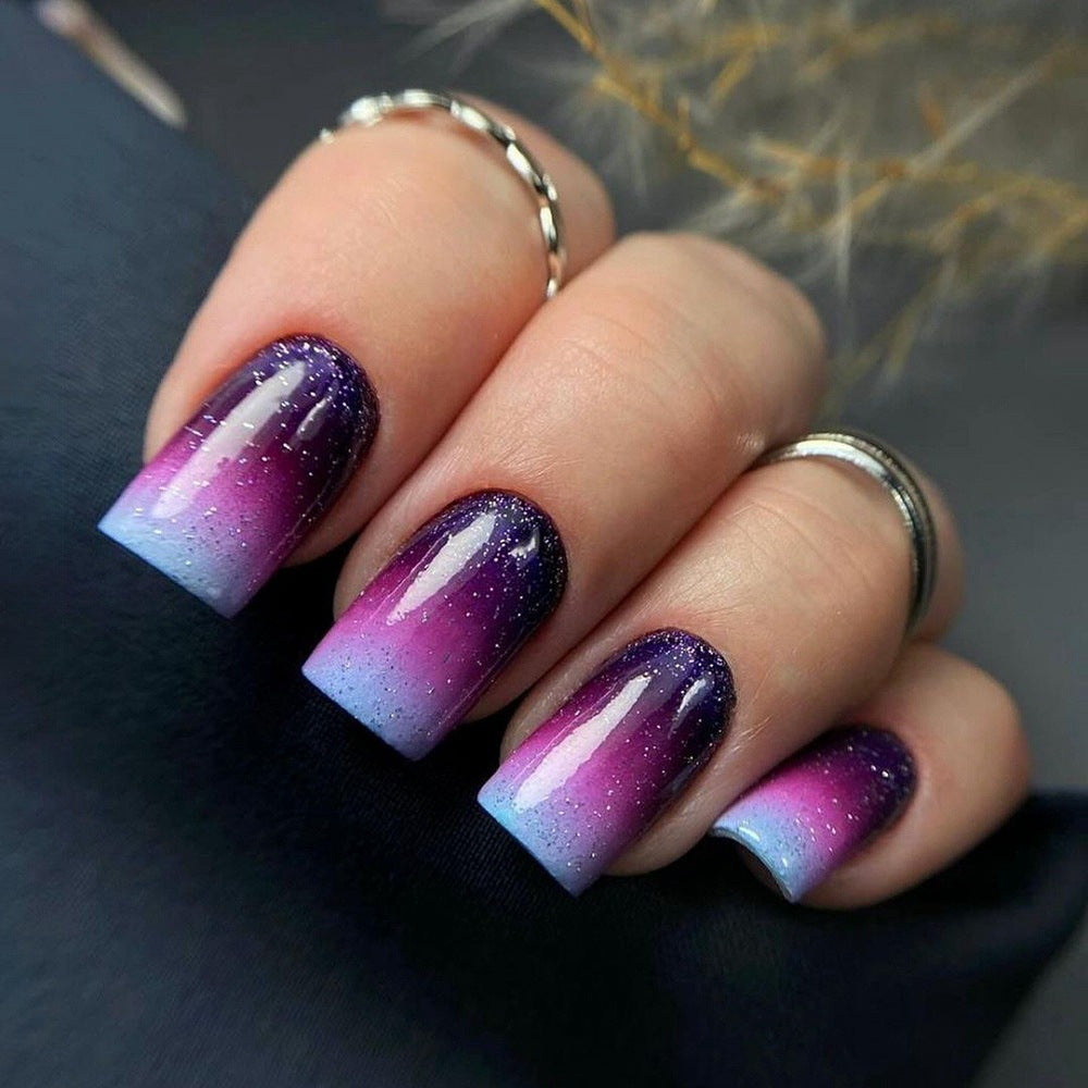 Cosmic Dreamscape Medium Square Purple to Blue Ombre Glitter Press on Nail Set