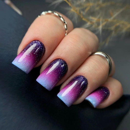 Cosmic Dreamscape Medium Square Purple to Blue Ombre Glitter Press on Nail Set