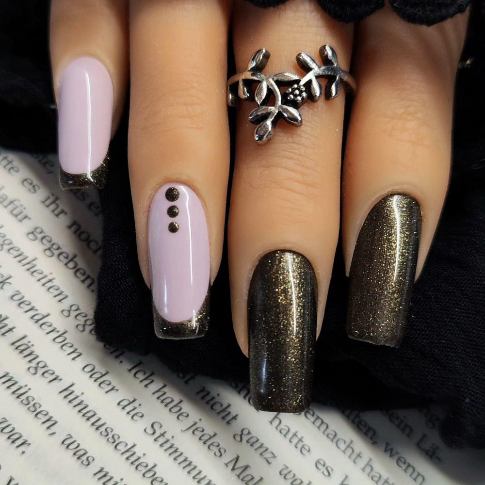 Elegant Evening Long Coffin Pink and Glitter Black Press On Nail Set with Rhinestone Accents