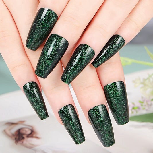Enchanted Forest Green Long Coffin Press On Nail Set with Sparkling Glitter Finish