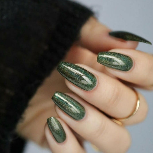 Enchanted Forest Glitter Long Coffin Green Press On Nail Set with Sparkling Finish