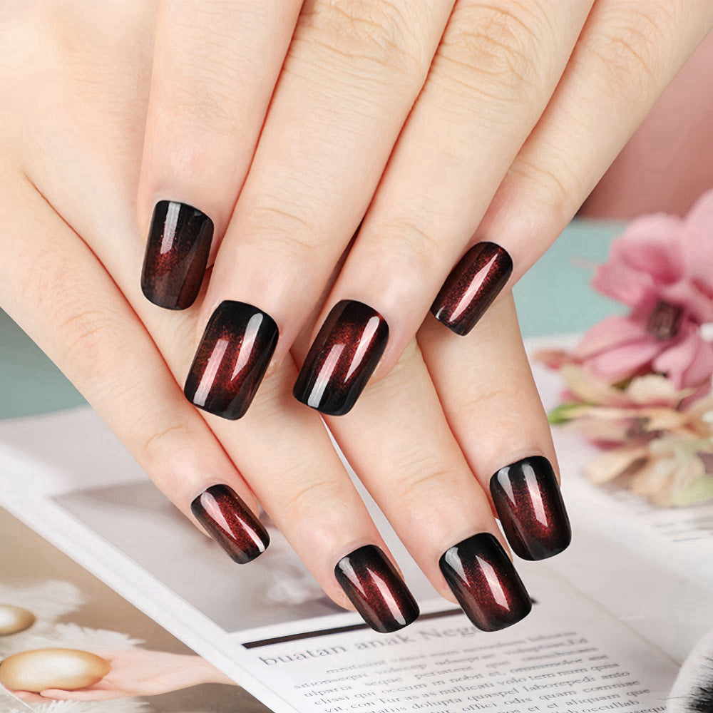 Mystical Glamour Long Square Burgundy and Black Press On Nail Set with Shimmering Magnetic Finish