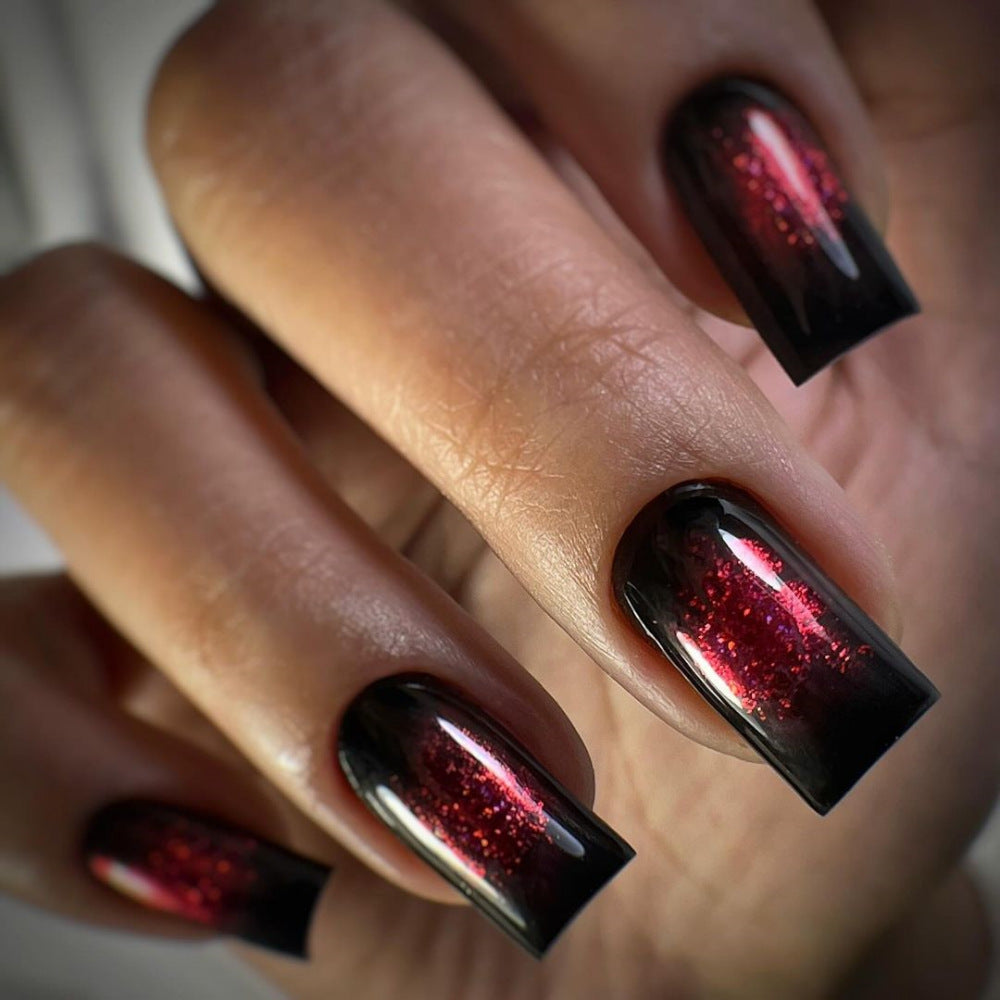 Glamorous Nightfall Long Square Black and Red Glitter Gradient Press On Nail Set