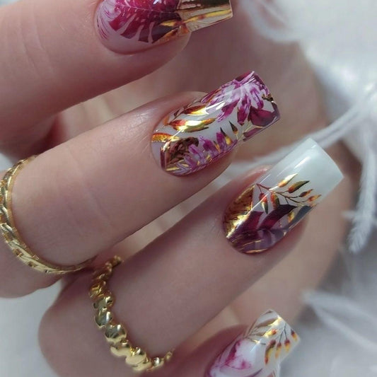 Floral Elegance Long Square Press On Nail Set with Purple and White Colors and Stunning Metallic Leaf Accents