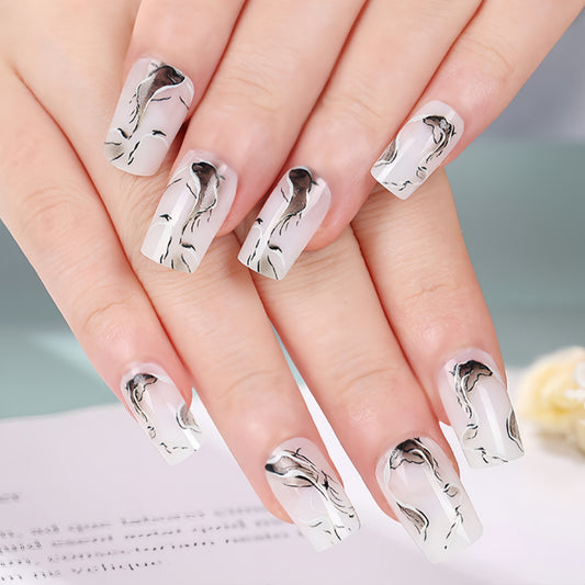 Elegant Serenity Long Square White and Black Floral Press On Nail Set