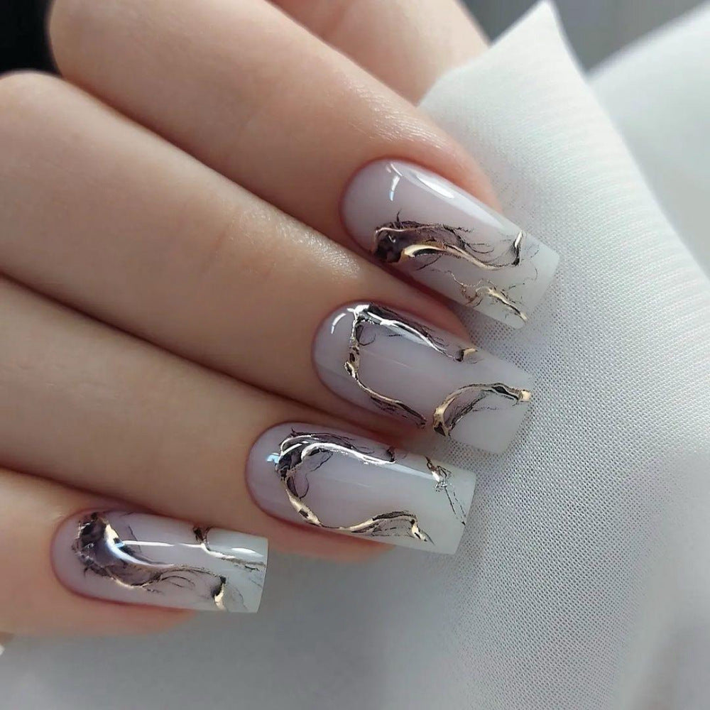 Elegant Marble Dream Extra Long Coffin Press On Nails in Soft Lavender with Gold Accents