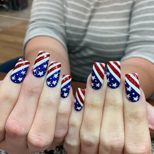 Patriotic Celebration Long Square Red Blue Glitter Press On Nail Set with Star Pattern