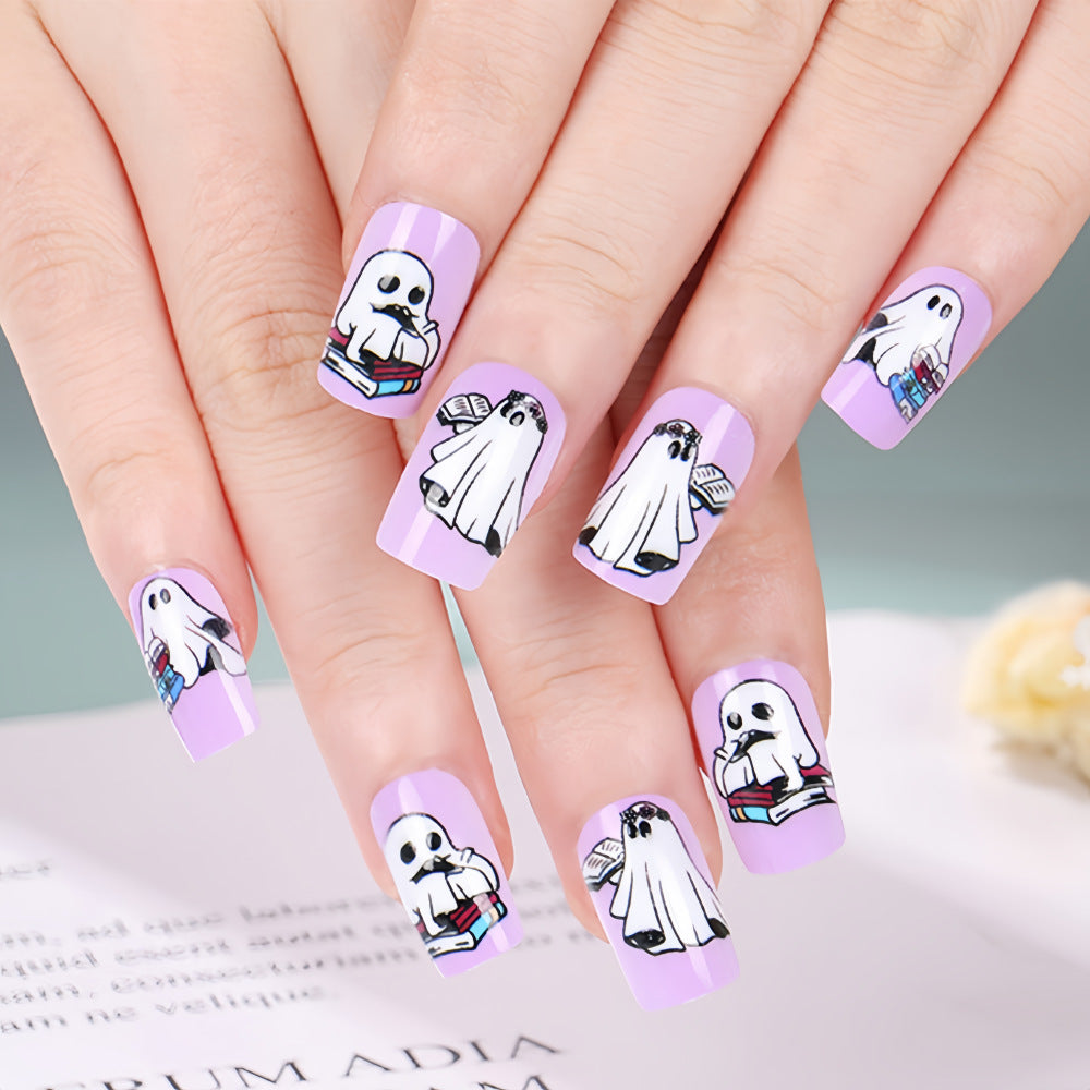 Spooky Spirit Long Square Lavender Press On Nail Set with Cute Ghost Designs