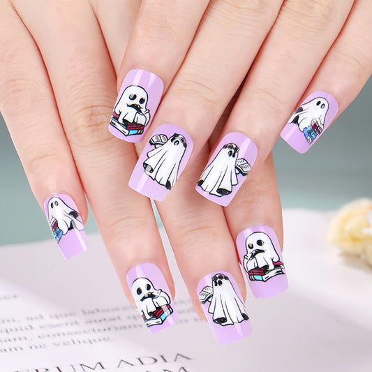 Spooky Spirit Long Square Lavender Press On Nail Set with Cute Ghost Designs