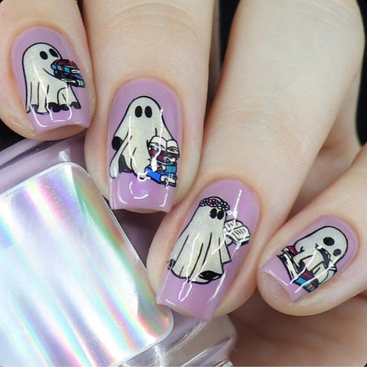 Spooky Spirit Square Lavender Press On Long Nail Set with Ghostly Art and Fun Book Design