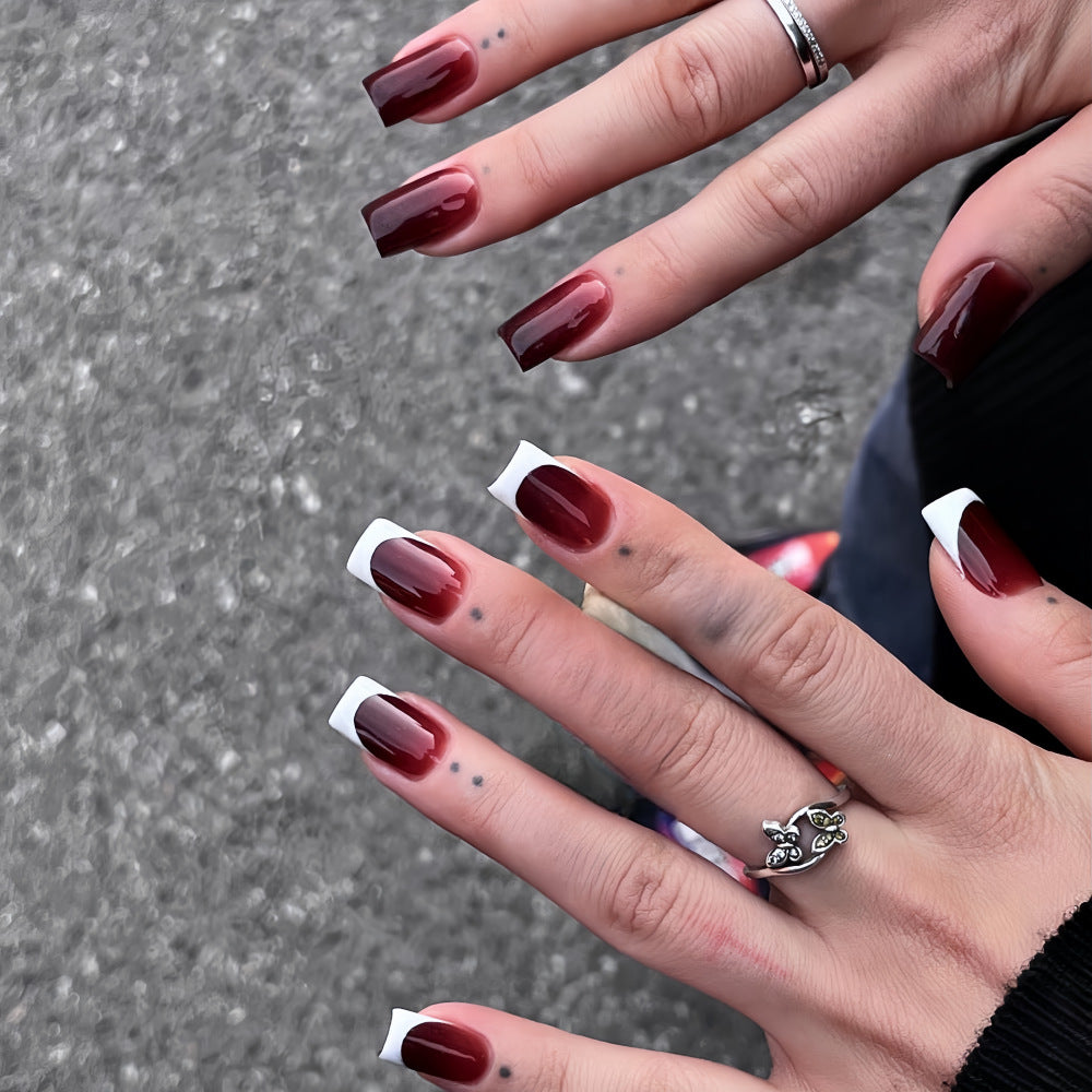 Glamorous Burgundy Elegance Long Square Press On Nail Set with Ombre Finish and Classic French Tips