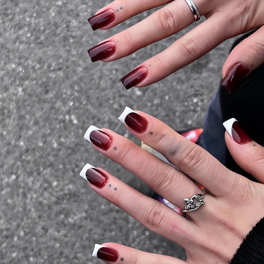 Glamorous Burgundy Elegance Long Square Press On Nail Set with Ombre Finish and Classic French Tips