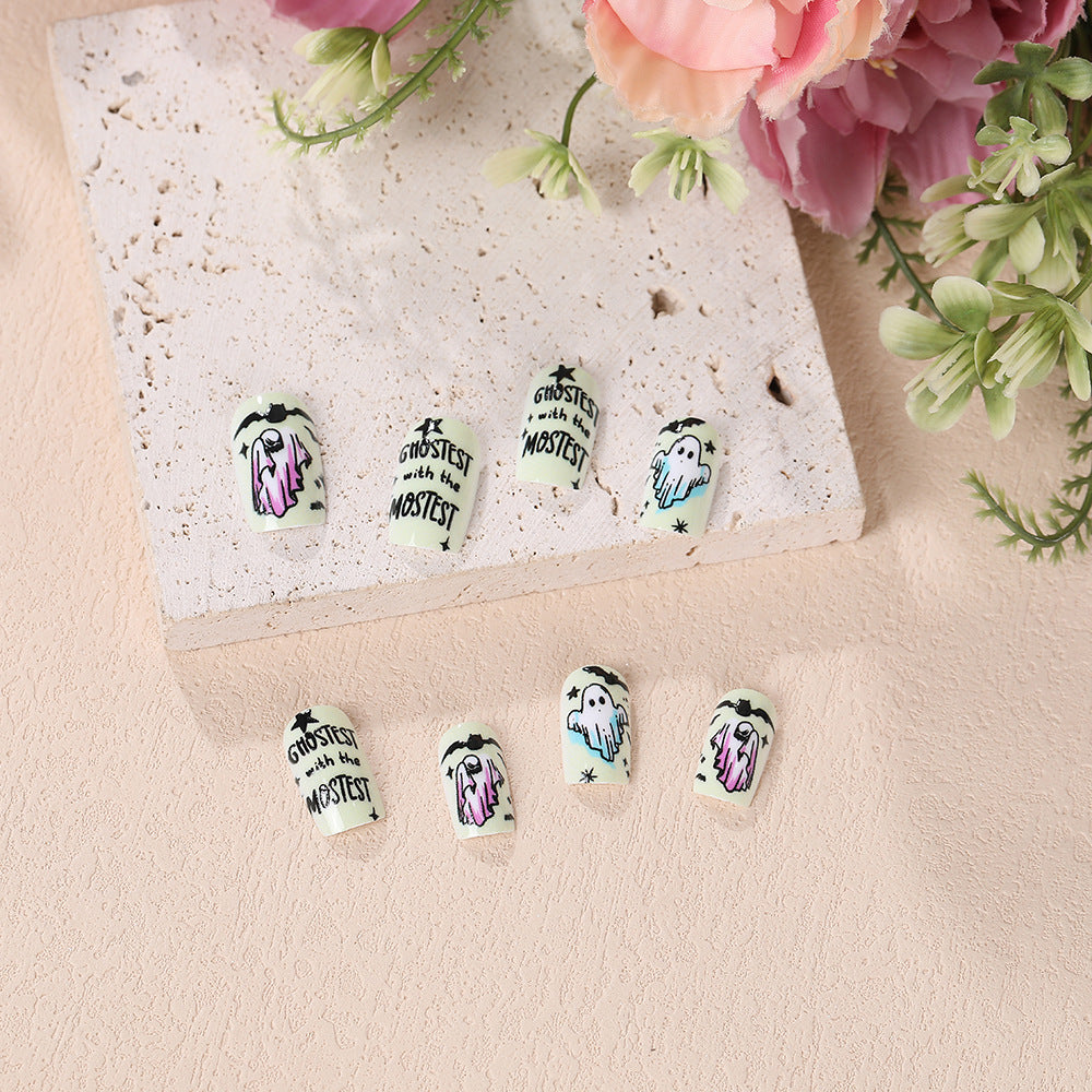 Spooky Ghostly Press On Nail Set Medium Square White with Colorful Ghost and Bat Designs