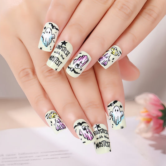 Ghostly Vibes Medium Square Yellow Press On Nail Set with Whimsical Ghost Designs