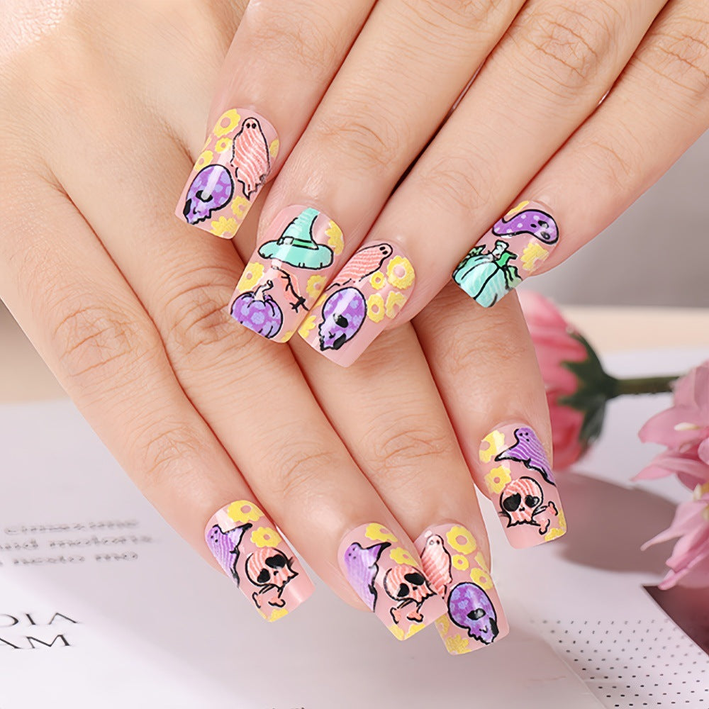Spooky Floral Square Press On Nail Set Long Colorful Ghost and Skull Design