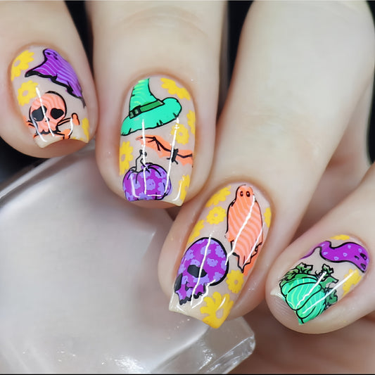 Spooky Halloween Square Press On Nail Set Long Colorful Orange Purple and Green with Whimsical Ghosts and Pumpkins Design