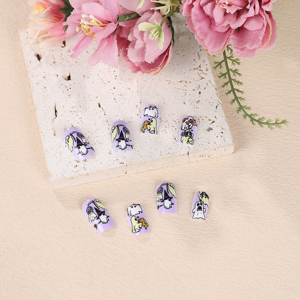 Whimsical Pet Parade Medium Coffin Lavender Press On Nail Set with Cute Animal Illustrations