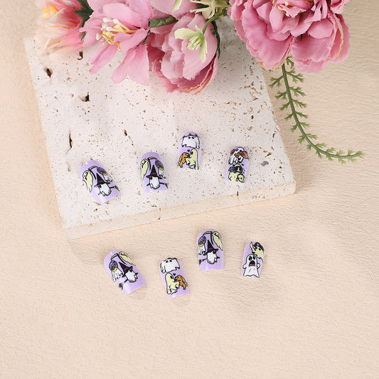 Whimsical Pet Parade Medium Coffin Lavender Press On Nail Set with Cute Animal Illustrations