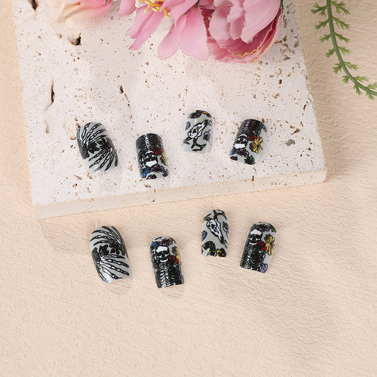 Gothic Floral Design Medium Coffin Black and White Press On Nail Set with Unique Artistic Patterns