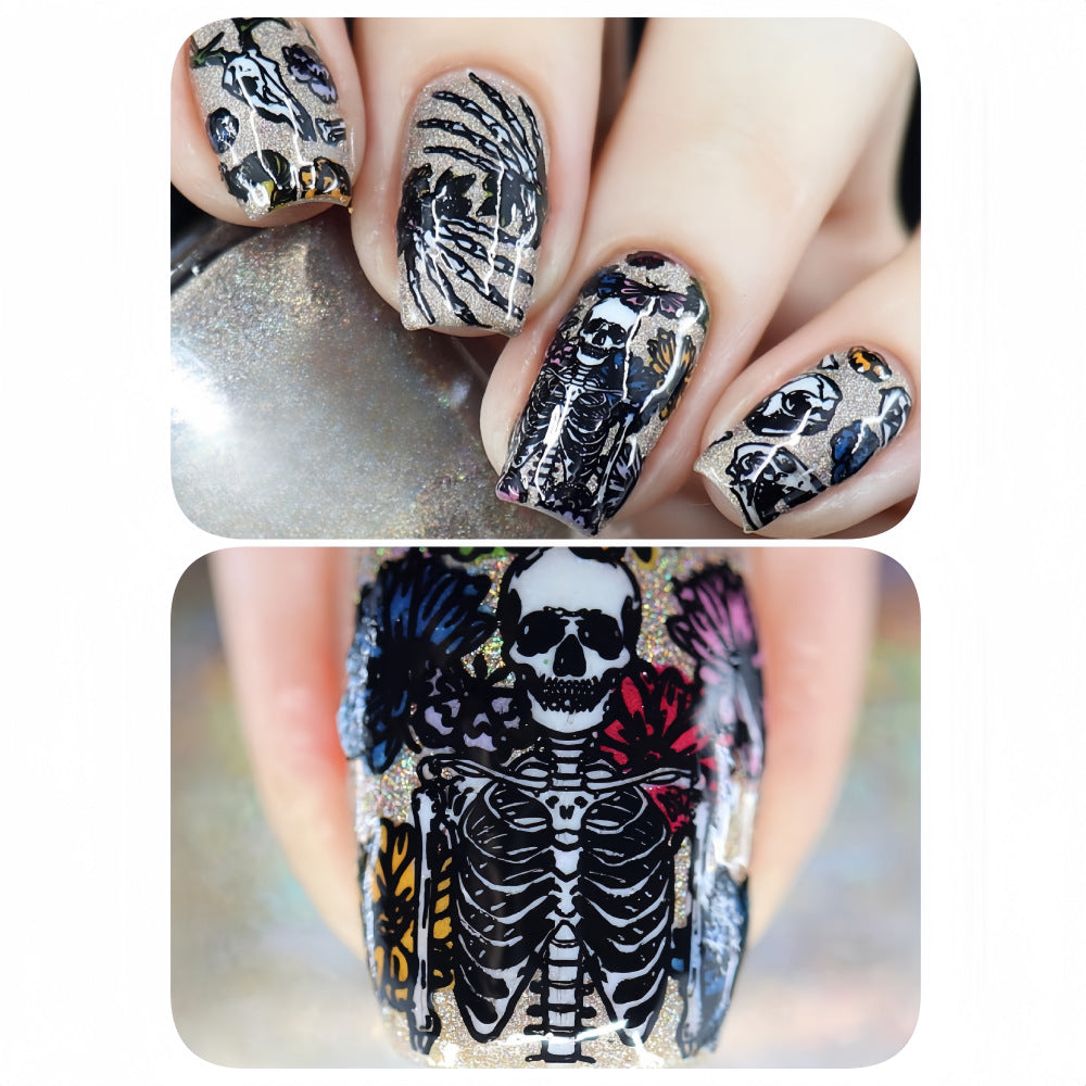 Gothic Glam Long Square Black and Gold Press On Nail Set with Intricate Skeleton and Floral Designs
