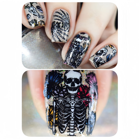 Gothic Glam Long Square Black and Gold Press On Nail Set with Intricate Skeleton and Floral Designs