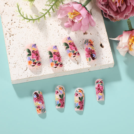 Floral Dream Bouquet Medium Square Pastel Pink with Vibrant Botanical Designs Press-On Nail Set