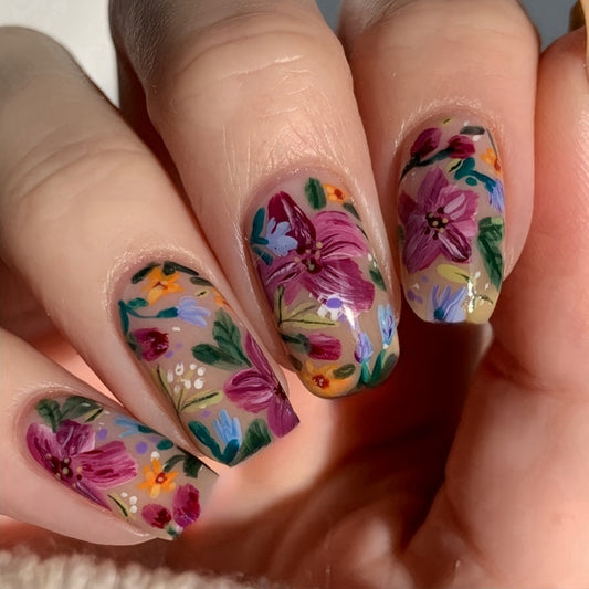 Whimsical Floral Elegance Medium Squoval Pink and Green Press on Nail Set with Hand-Painted Flower Design