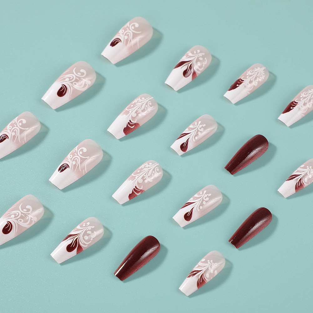 Elegant Floral Charm Press On Nail Set Medium Coffin Shape Soft Pink with Artistic Brown Design