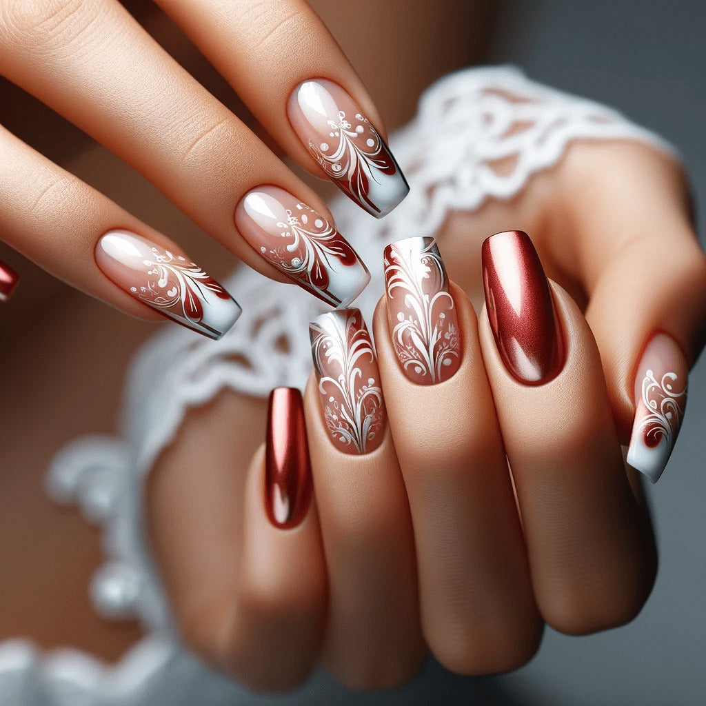Elegant Garden Inspired Burgundy Ombre Medium Coffin Shaped Nail Set with Intricate White Floral Patterns