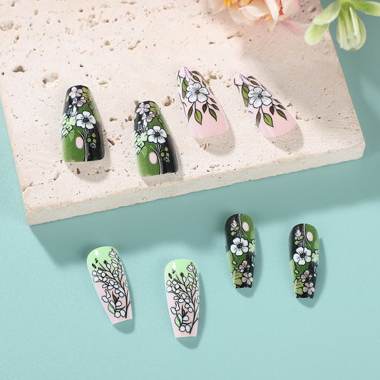 Floral Garden Delight Long Coffin Black Green Pink Elegant Press On Nail Set with Intricate Flower Designs