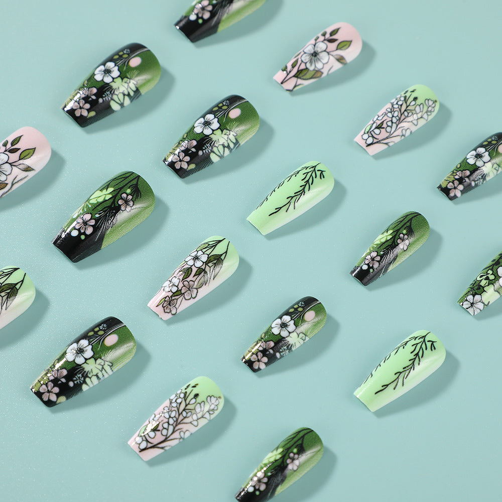 Garden Serenity Long Coffin Green Floral Press On Nail Set with Elegant Botanical Designs
