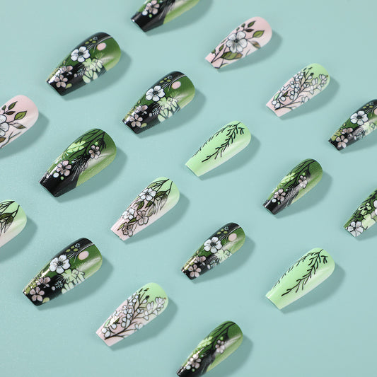 Garden Serenity Long Coffin Green Floral Press On Nail Set with Elegant Botanical Designs
