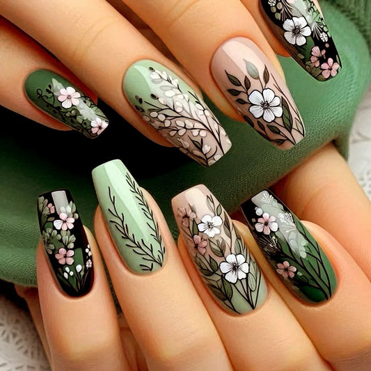 Whimsical Garden Floral Press On Nail Set Long Coffin Green Black Beige with Delicate Botanical Designs