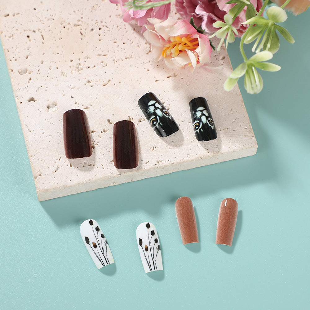 Enchanting Elegance Short Coffin Burgundy and Black Artistic Press On Nail Set with Unique Floral Design