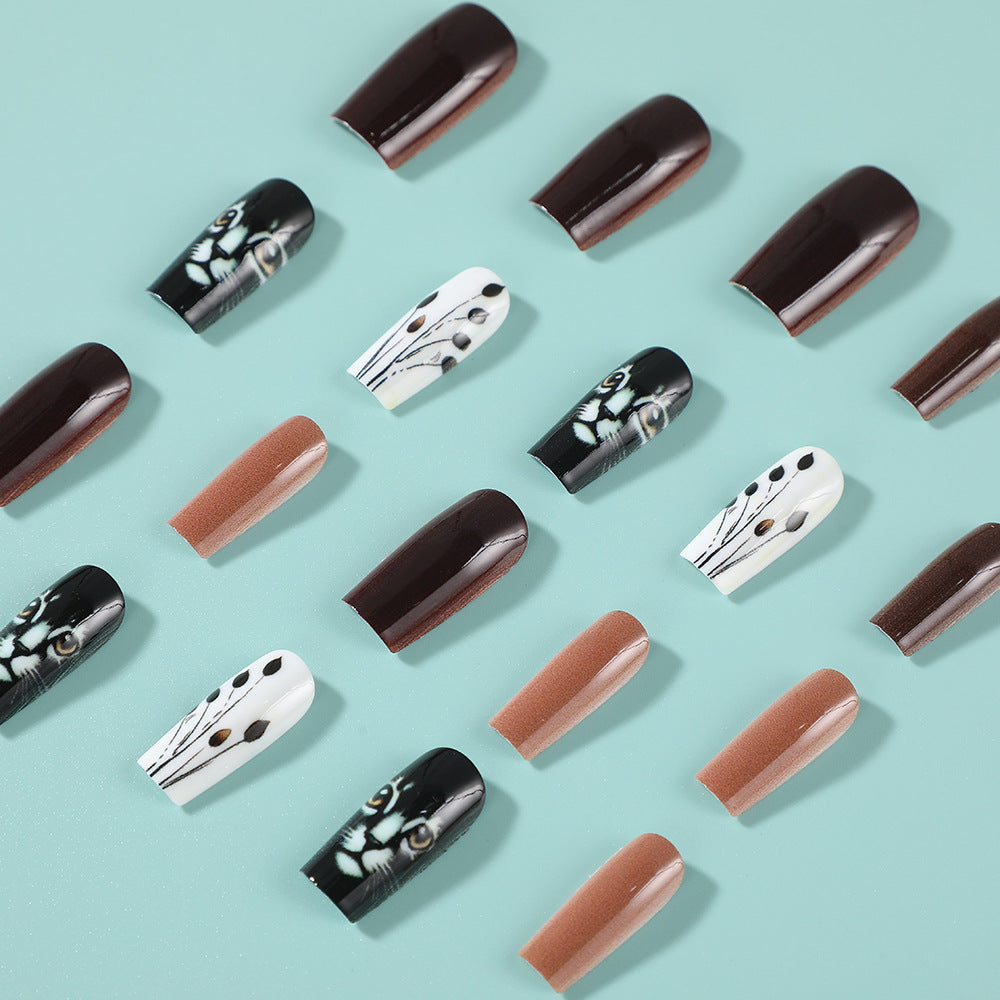 Mystical Elegance Short Coffin Brown and Black with Unique Butterfly Print Press On Nail Set