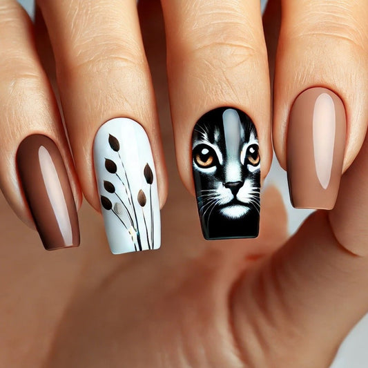 Whimsical Cat Theme Short Coffin Brown and White Press on Nail Set with Unique Cat Face Design