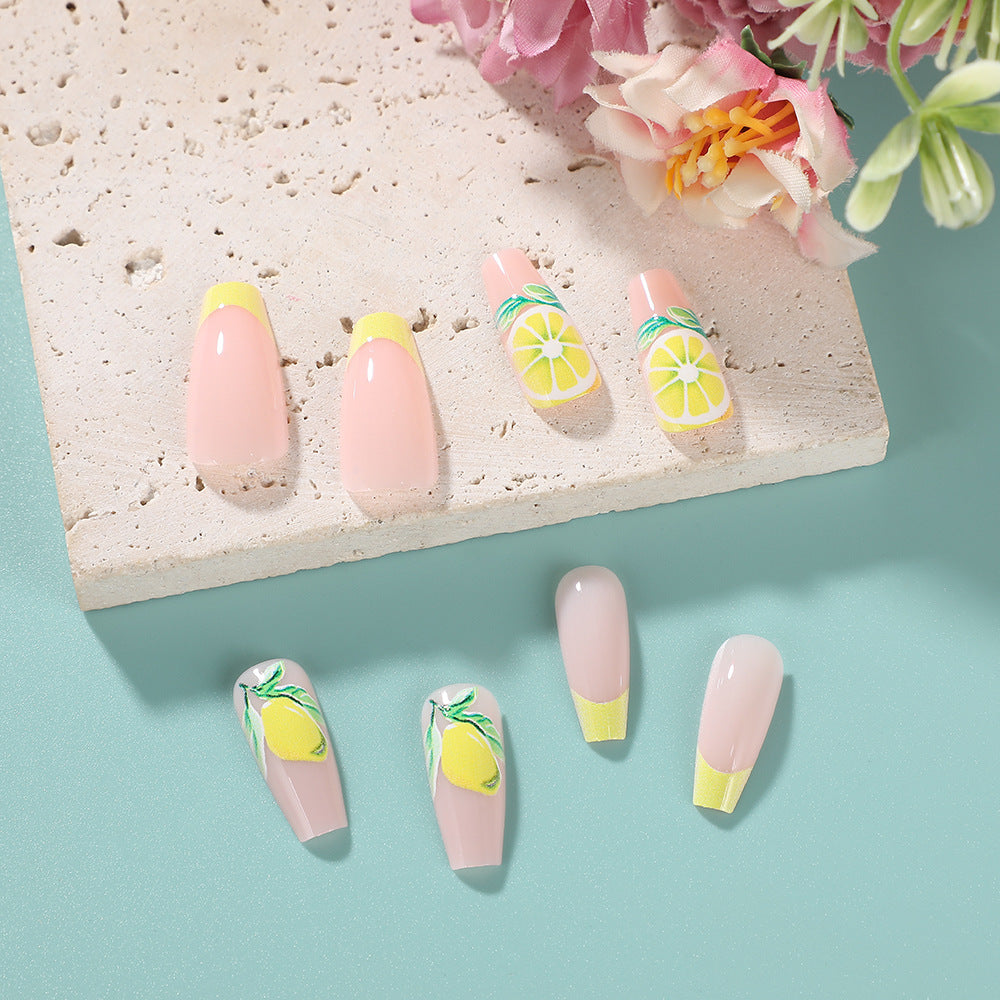 Lemon Grove Short Coffin Pink Glamour Press On Nail Set with Vibrant Citrus Art and Yellow Accents