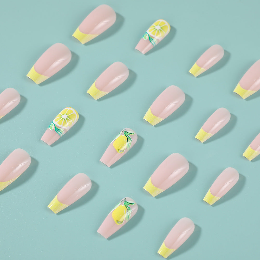 Citrus Delight Short Coffin Pink Nails with Yellow Tips and Lemon Artwork