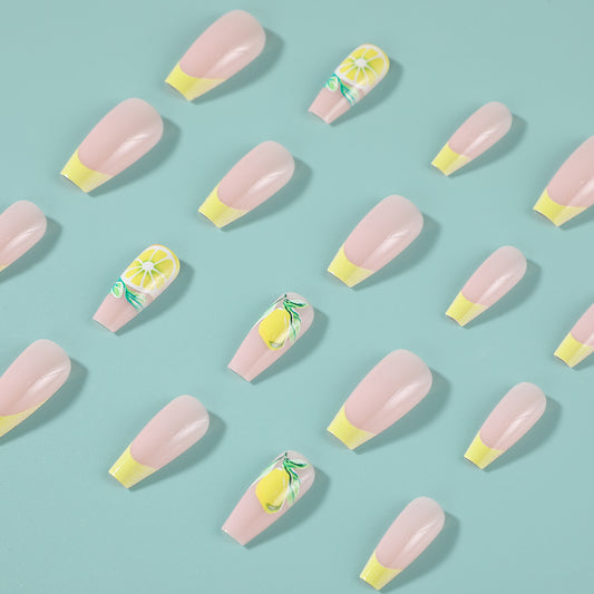 Citrus Delight Short Coffin Pink Nails with Yellow Tips and Lemon Artwork