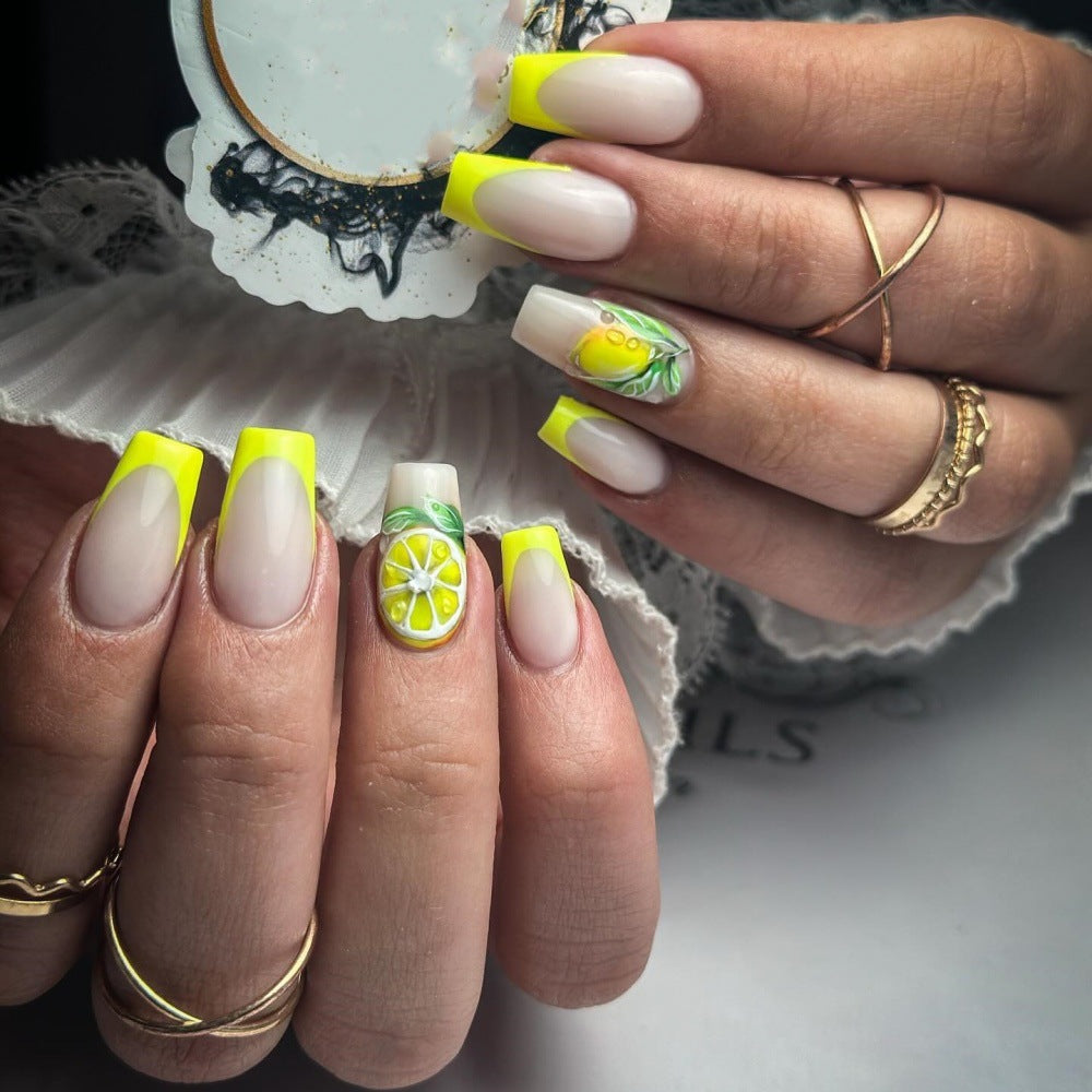 Lemon Grove Short Coffin Neon Yellow Press On Nail Set with Whimsical Citrus Art