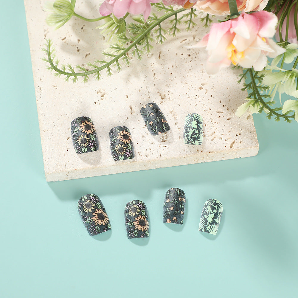 Garden Elegance Medium Square Matte Black Floral Press On Nail Set with Unique Botanical Patterns