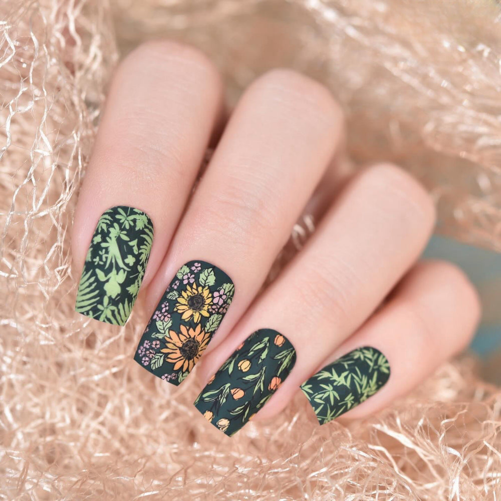 Botanical Bliss Medium Square Dark Green Floral Press On Nail Set with Unique Matte Finish