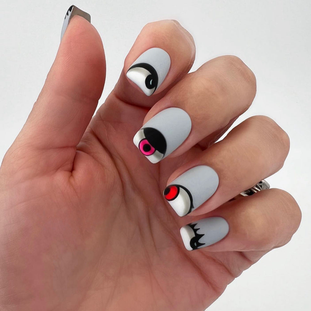 Mystical Gaze Short Square Matte Grey Press On Nail Set with Eye Catching Artwork