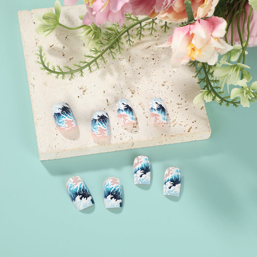 Ocean Breeze Short Square Blue Wave Artistic Nail Set