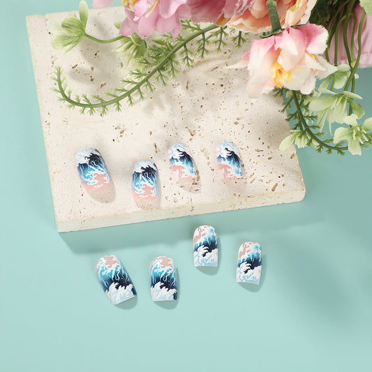 Ocean Breeze Short Square Blue Wave Artistic Nail Set