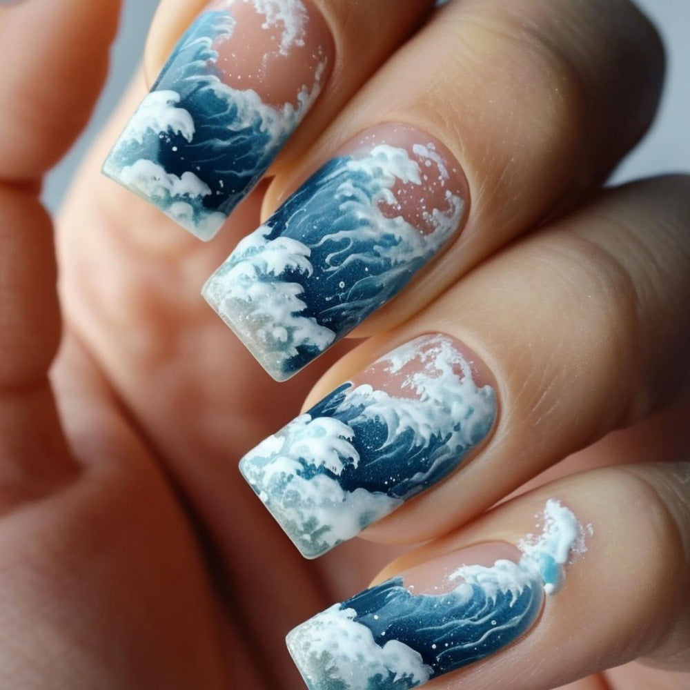 Ocean Breeze Medium Square Blue and White Wave Design Press-On Nail Set