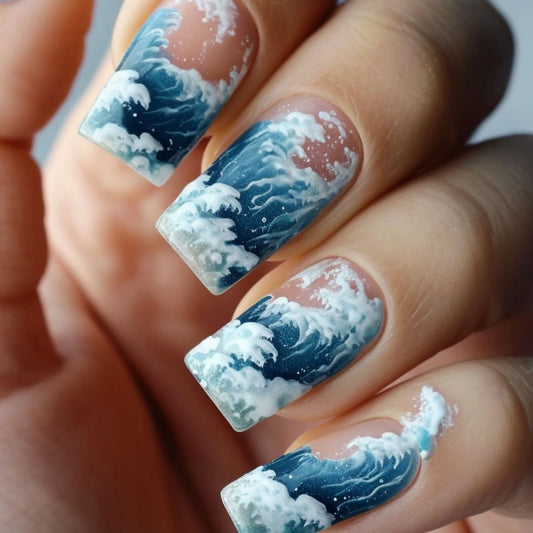 Ocean Breeze Medium Square Blue and White Wave Design Press-On Nail Set
